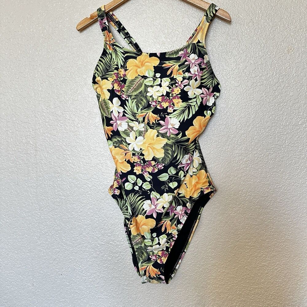 Hurley Black Floral Scoop One-Piece Swimsuit with Yellow & Pink Flowers
